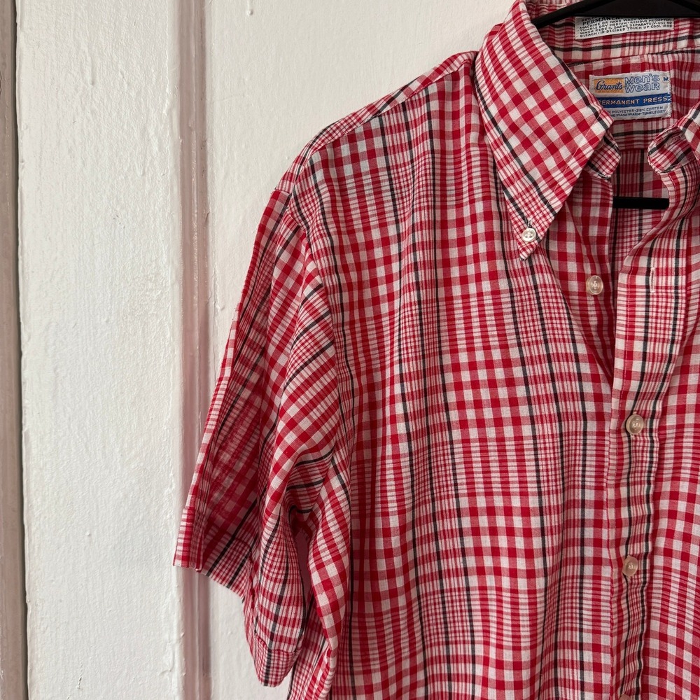 Vintage 70s‎ Short Sleeves Plaid Shirt Elevated Basics Red Dagger Collar Cotton - Picture 5 of 8